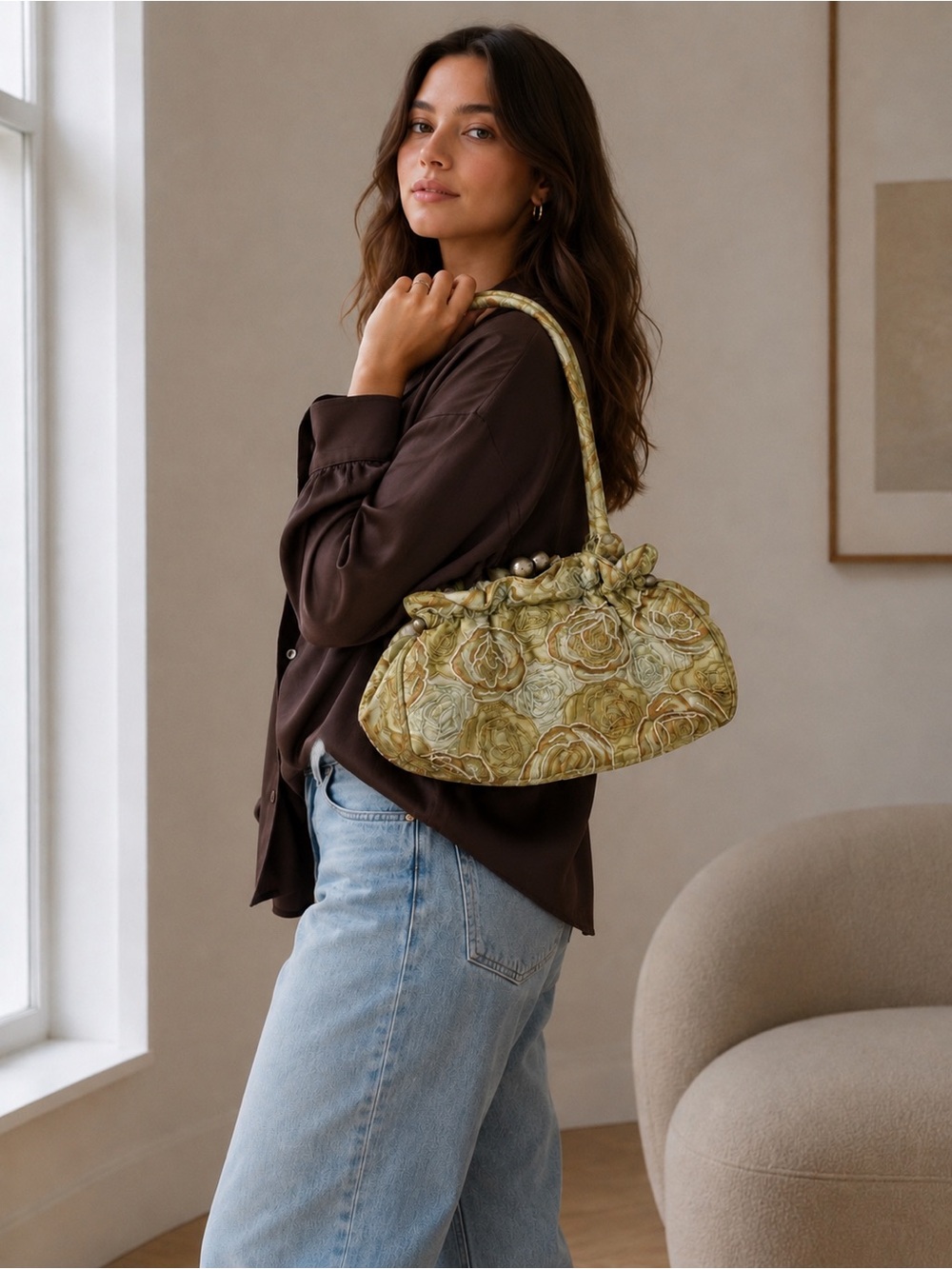 Vintage Beaded Kiss Lock Handbag‎ Green Floral Pearl Beaded Purse